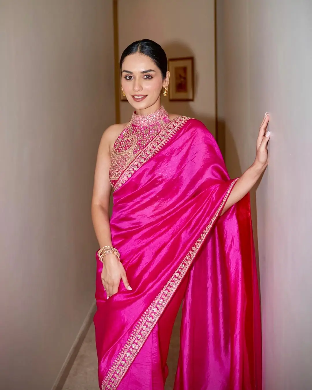 Manushi Chhillar Stills in Pink Designer Saree Sleeveless Blouse